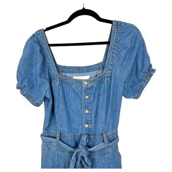 Pilcro Anthropologie Denim Puff Sleeve Square Neck Belted Aimee Jumpsuit Size 10 - Picture 8 of 9